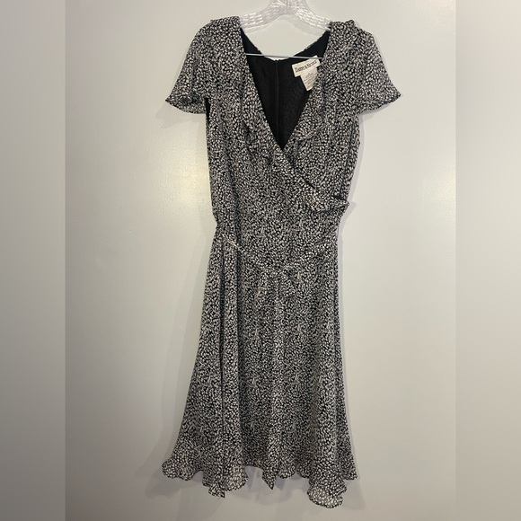 Danny & Nicole Dresses & Skirts - Vintage Danny & Nicole Faux Wrap Midi Dress Ruffle Black White Size 14 Lined